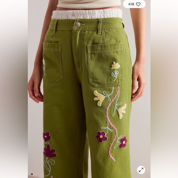 Free People We The Free pants jeans winter bloom embroidered green wide leg 27 - Picture 3 of 10